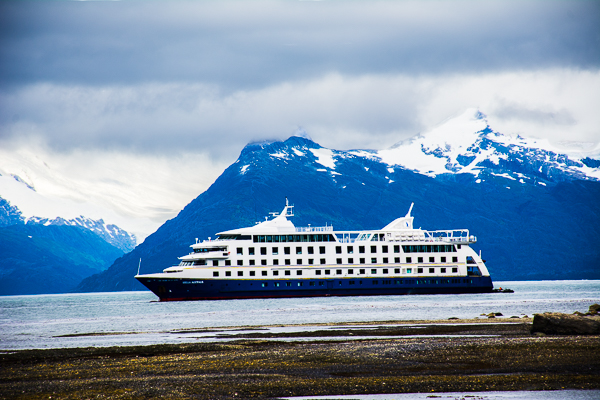 Stella Australis cruise ship in Agostini Sound near the Aguila Glacier in Chile.