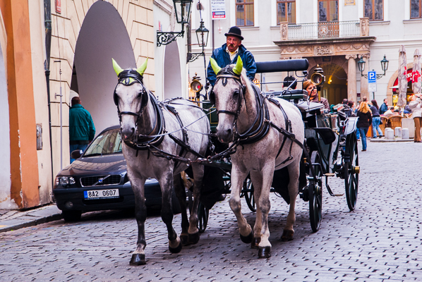 Horse drawn carriage in downtown Prague.