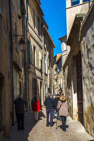 Street in medieval city of Uzes, France.