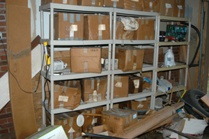 Boxed items destroyed by Hurricane Katrina.