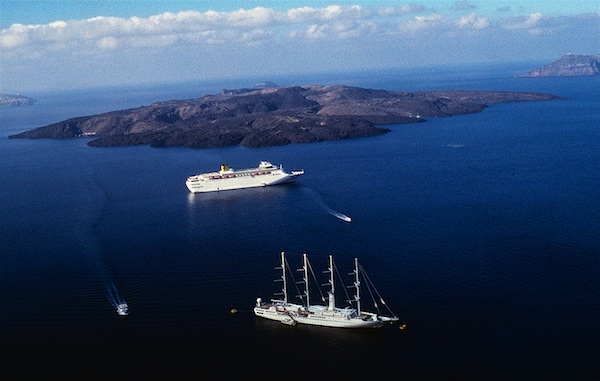 Wind Spirit and Costa cruise ships from Fira, Santorini, Greece.